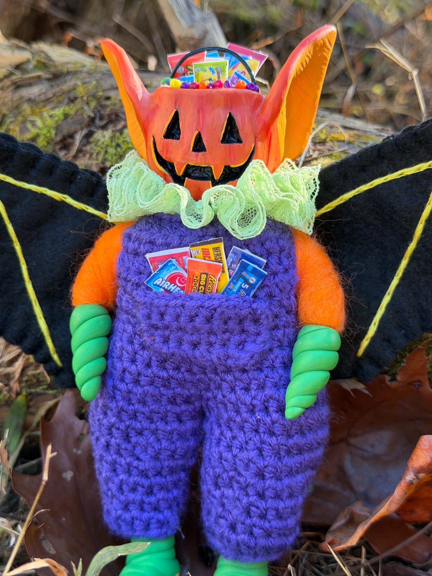 JACK-O-LANTERN CANDY BUCKET BAT ART DOLL