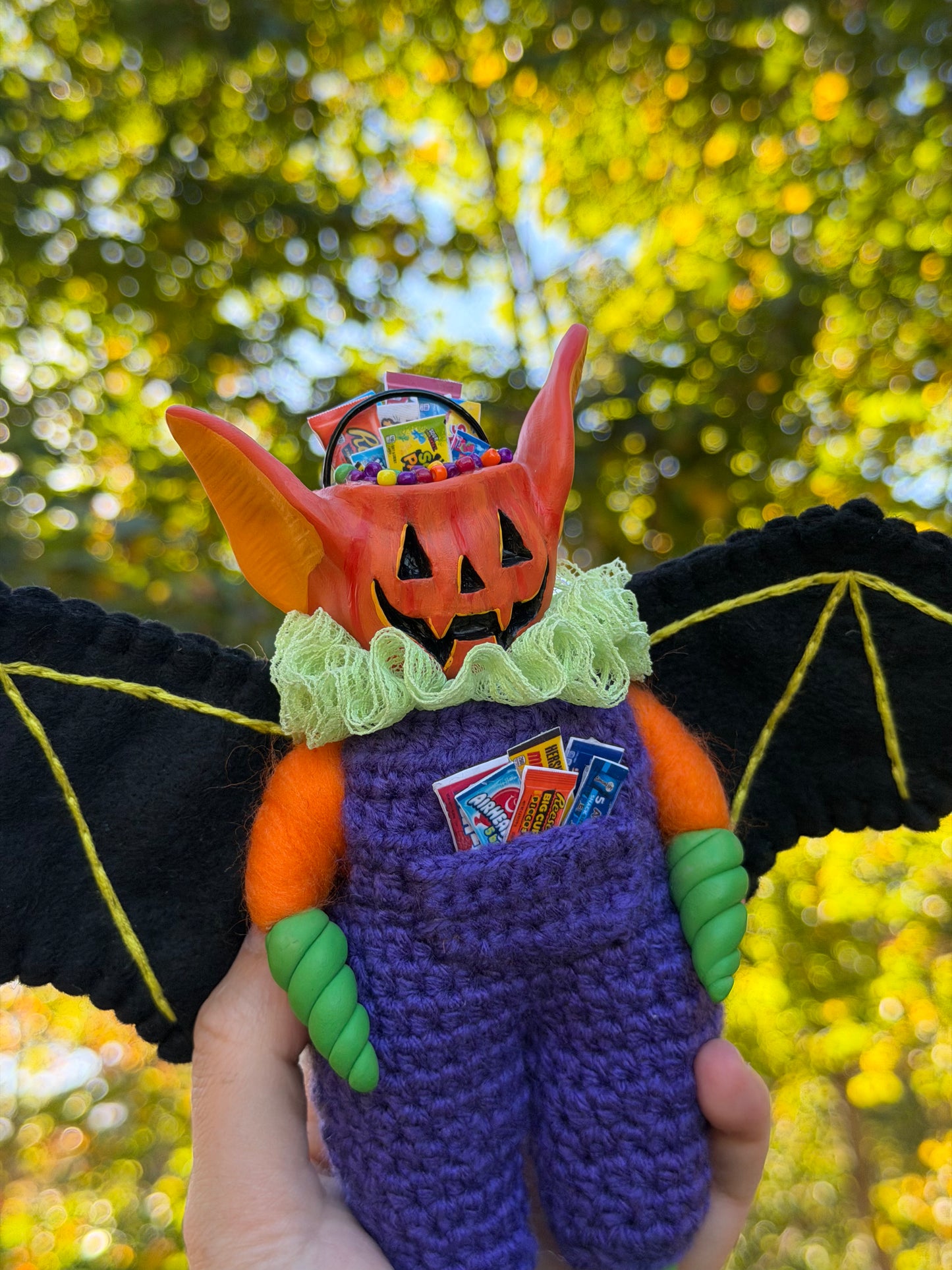 JACK-O-LANTERN CANDY BUCKET BAT ART DOLL