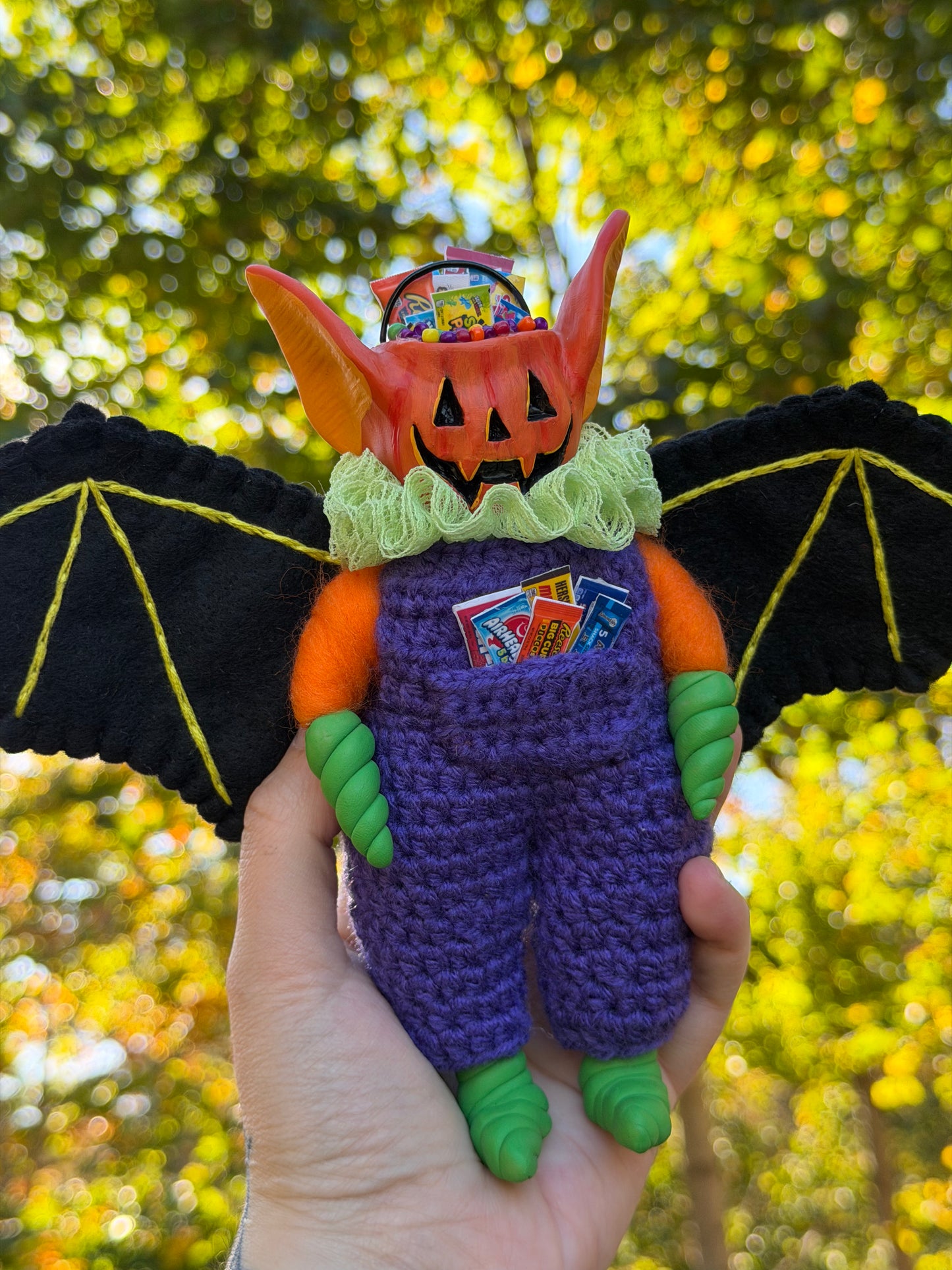 JACK-O-LANTERN CANDY BUCKET BAT ART DOLL
